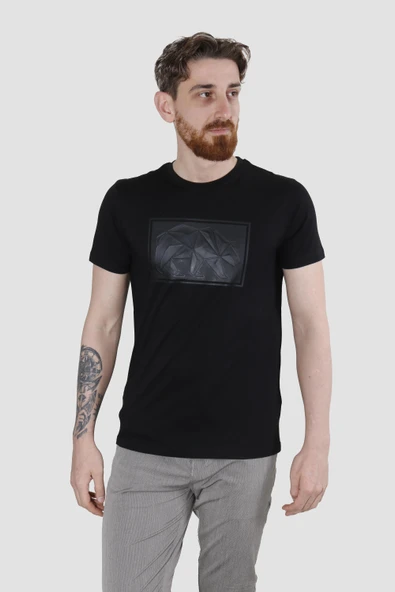 GLOBAY 3115 HSK GOFRE BASKILI T-SHIRT-SİYAH