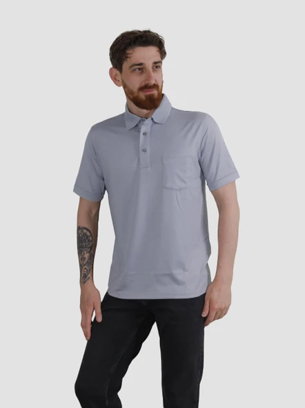 Erkek Polo Yaka Cepli Pamuklu Regular Fit Tişört 2510-GRİ - 2