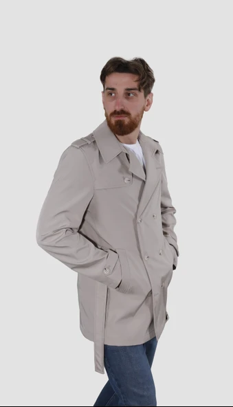Erkek Kısa Kruvaze Trençkot Slim Fit 4030-TAŞ