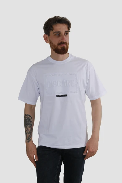 Erkek Bisiklet Yaka Baskılı Oversize Pamuklu Tişört  3064-BEYAZ - Resim 2