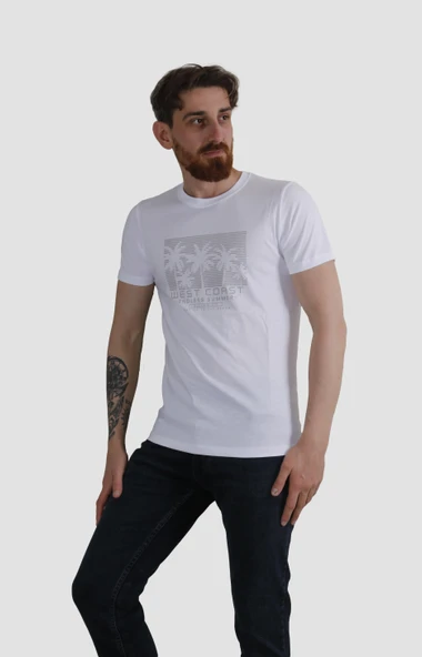 Erkek Bisiklet Yaka Palmiye Ağacı Baskılı Pamuklu Slim Fit Tişört 3074-BEYAZ