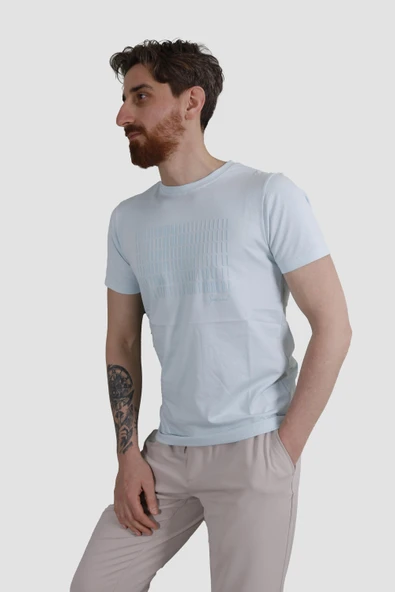 Erkek Bisiklet Yaka Baskılı Pamuklu Slim Fit Tişört 3087-BEBE MAVİ - Resim 2