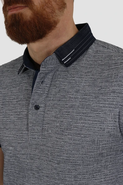 Erkek Polo Yaka Desenli Pamuklu Slim Fit Tişört 2976Y-LACİVERT - Resim 3