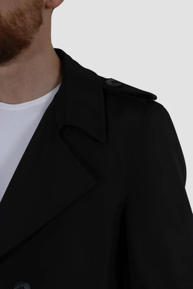 Erkek Uzun Kruvaze Trençkot Regular Fit 5030-SİYAH - 4