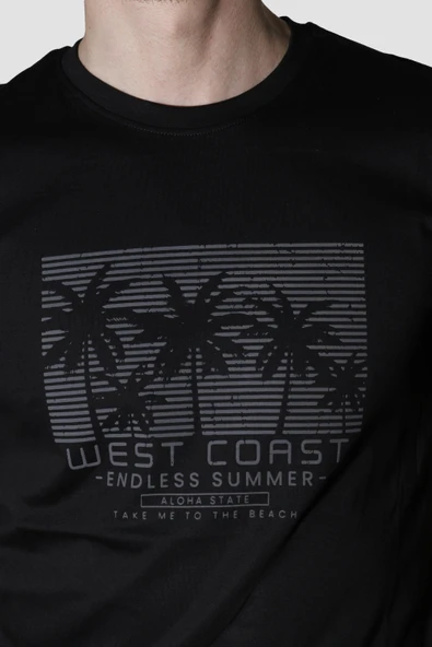 Erkek Bisiklet Yaka Palmiye Ağacı Baskılı Pamuklu Slim Fit Tişört 3074-SİYAH - Resim 3