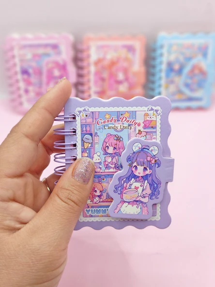 Candy Sevimli Kız Cırtlı Cep Boy Mini Not Defteri (7x8 cm) - Mor - 2