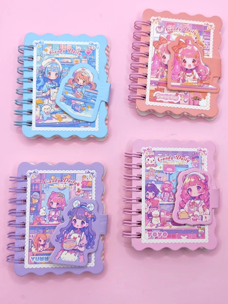 Candy Sevimli Kız Cırtlı Cep Boy Mini Not Defteri (7x8 cm) - Mor - 5