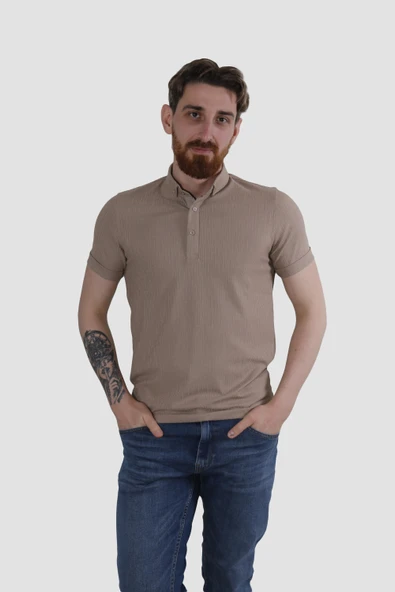 Erkek Gömlek Yaka Pamuklu Slim Fit Tişört 2562-Y-VİZON - 2