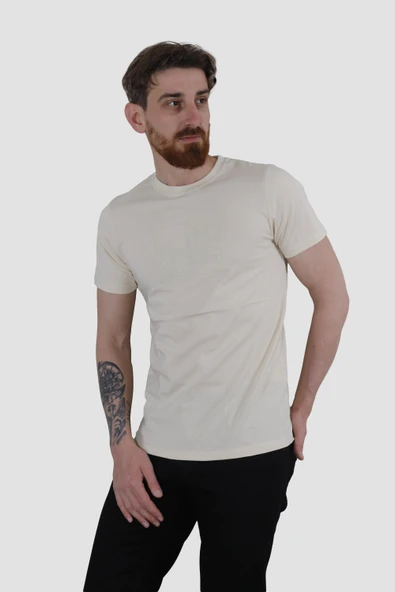 Erkek Bisiklet Yaka Bisiklet Baskılı Pamuklu Slim Fit Tişört 3107-AÇIK SARI