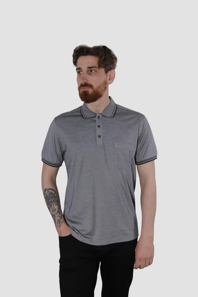 Erkek Polo Yaka Cepli Pamuklu Regular Fit Tişört 2448-SİYHA/GRİ - 2