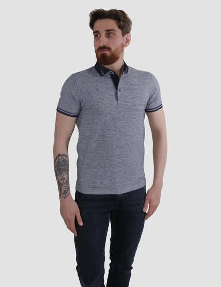 Erkek Polo Yaka Desenli Pamuklu Slim Fit Tişört 2976Y-LACİVERT