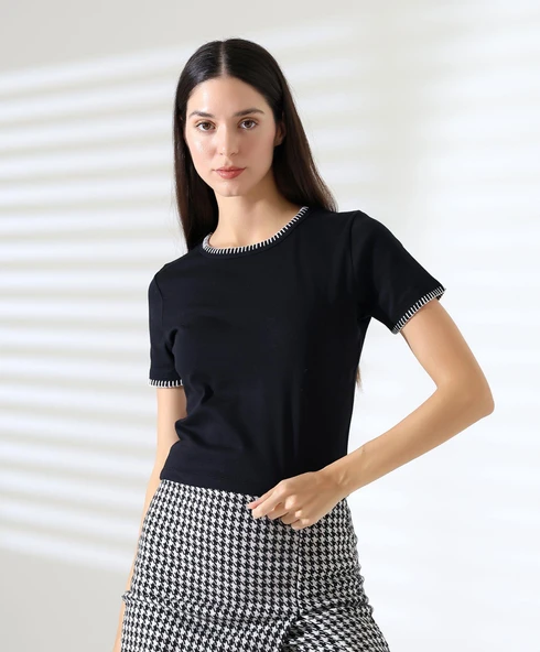 Kol Yaka El işi Çoban Dikiş detaylı Kadın Bluz T-shirt - 5
