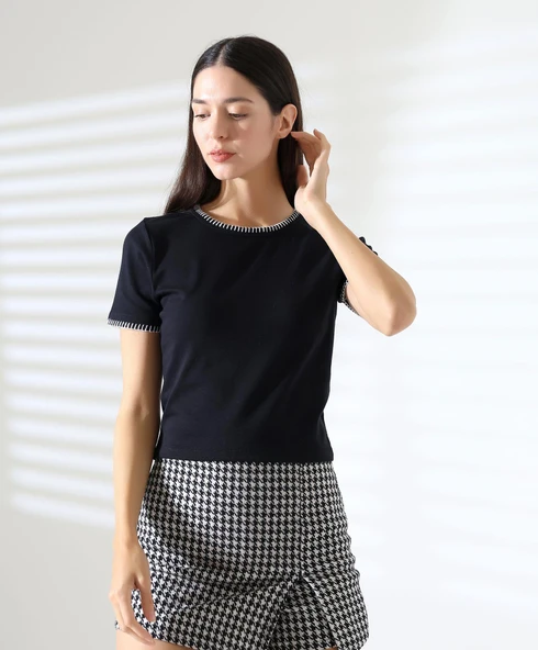 Kol Yaka El işi Çoban Dikiş detaylı Kadın Bluz T-shirt - 6