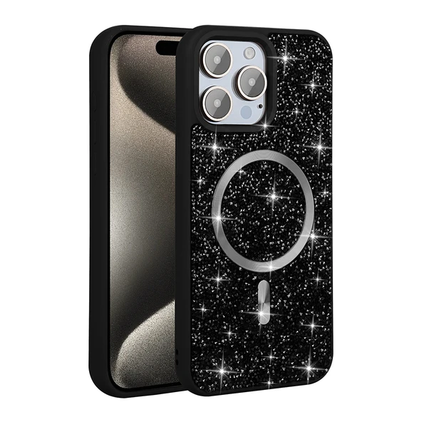 iPhone 15 Pro Max Kılıf Pırlanta Tasarımlı Kablosuz Şarj Özellikli Mozaik Silikon Kapak - Resim 2