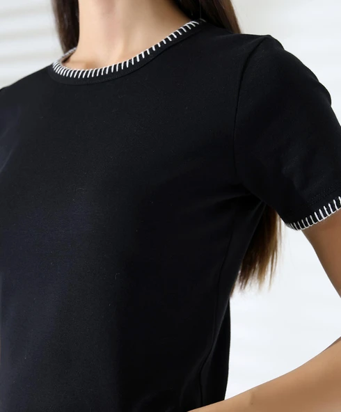 Kol Yaka El işi Çoban Dikiş detaylı Kadın Bluz T-shirt - 7