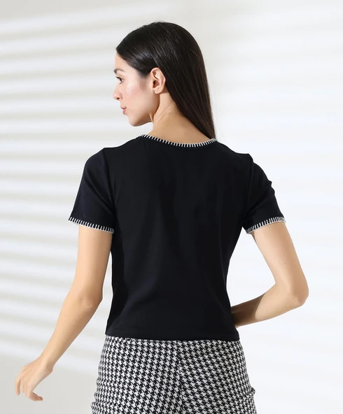 Kol Yaka El işi Çoban Dikiş detaylı Kadın Bluz T-shirt - 4