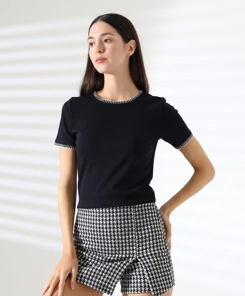 Kol Yaka El işi Çoban Dikiş detaylı Kadın Bluz T-shirt - 12