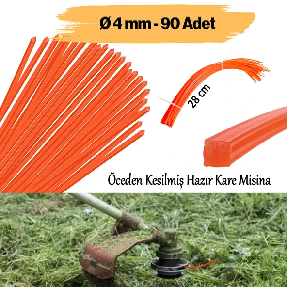 Hazır 28 cm Motorlu Tırpan Kare Misinası 4 mm 90 Adet Çim Ot Biçme Teli Extra Güçlü Profesyonel