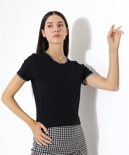 Kol Yaka El işi Çoban Dikiş detaylı Kadın Bluz T-shirt