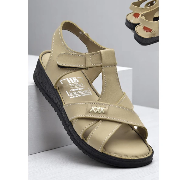 203 TAM ORTOPEDİK Hakiki Deri Kadın Sandalet Topuk Jel Taban Kadın Deri Sandalet - 7