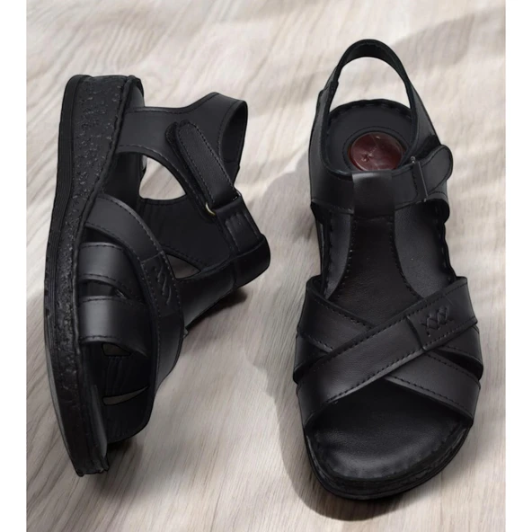 203 TAM ORTOPEDİK Hakiki Deri Kadın Sandalet Topuk Jel Taban Kadın Deri Sandalet - 4