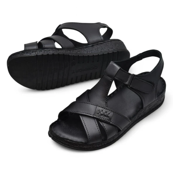 203 TAM ORTOPEDİK Hakiki Deri Kadın Sandalet Topuk Jel Taban Kadın Deri Sandalet - 3