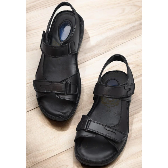 088 Topuk Jelli Tam Ortopedik Taban Hakiki Deri Erkek Sandalet Cırtlı Sandalet - 7