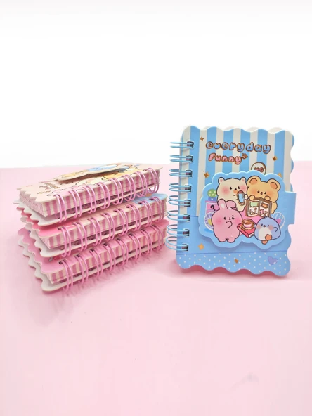 Sevimli Hayvanlar Cırtlı Cep Boy Mini Not Defteri (7x8 cm) - Mavi