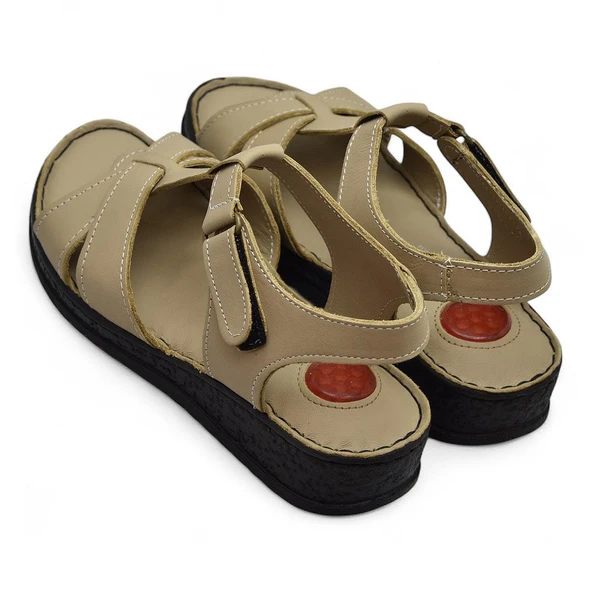 204 TAM ORTOPEDİK Hakiki Deri Kadın Sandalet Topuk Jel Taban Kadın Deri Sandalet - 12