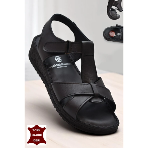 204 TAM ORTOPEDİK Hakiki Deri Kadın Sandalet Topuk Jel Taban Kadın Deri Sandalet