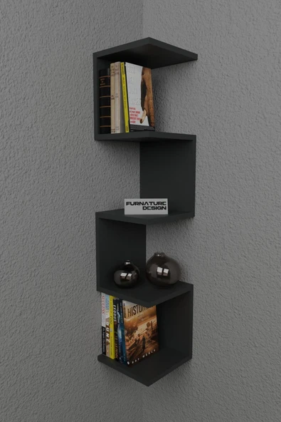 Zigzag Köşe Raf Kitaplık Duvar Rafı Antrasit