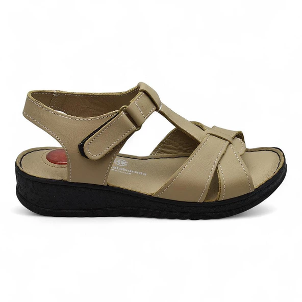 204 TAM ORTOPEDİK Hakiki Deri Kadın Sandalet Topuk Jel Taban Kadın Deri Sandalet - 10