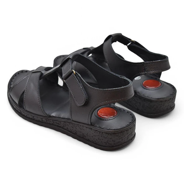 204 TAM ORTOPEDİK Hakiki Deri Kadın Sandalet Topuk Jel Taban Kadın Deri Sandalet - 6