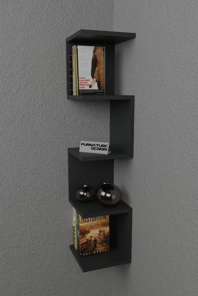 Zigzag Köşe Raf Kitaplık Duvar Rafı Antrasit - 2