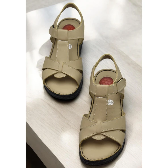 204 TAM ORTOPEDİK Hakiki Deri Kadın Sandalet Topuk Jel Taban Kadın Deri Sandalet - 9