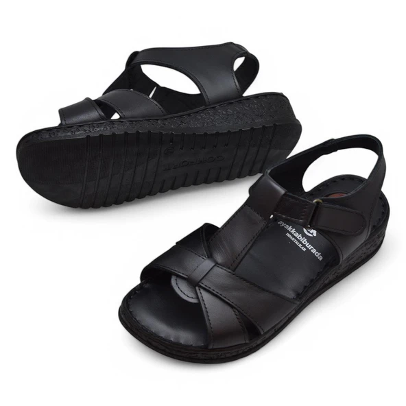 204 TAM ORTOPEDİK Hakiki Deri Kadın Sandalet Topuk Jel Taban Kadın Deri Sandalet - 3