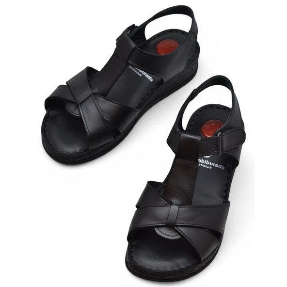 204 TAM ORTOPEDİK Hakiki Deri Kadın Sandalet Topuk Jel Taban Kadın Deri Sandalet - 2