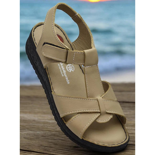 204 TAM ORTOPEDİK Hakiki Deri Kadın Sandalet Topuk Jel Taban Kadın Deri Sandalet - 8