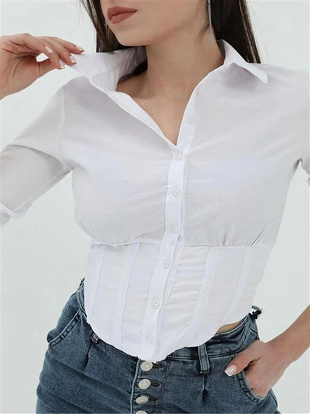 Kadın Beli Lastikli Korse Crop Gömlek - 7