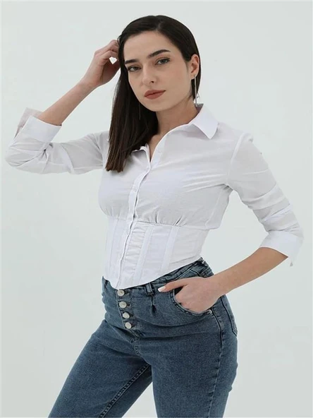 Kadın Beli Lastikli Korse Crop Gömlek - 10