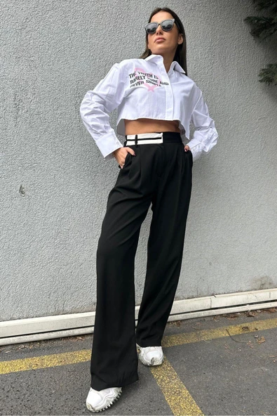 Beyaz Kalp-Slogan Baskılı Crop Gömlek