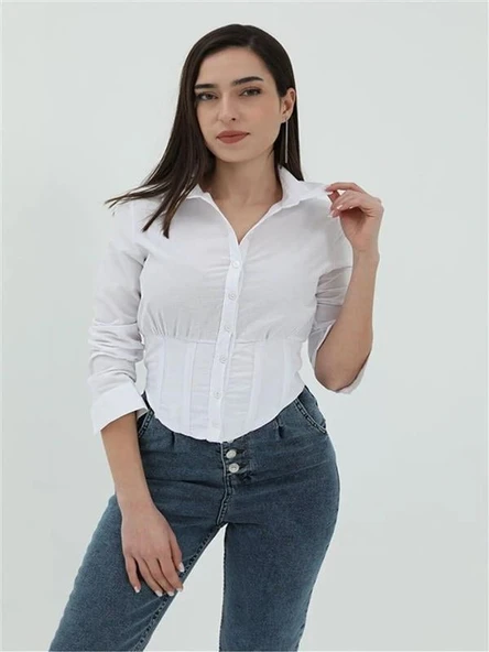 Kadın Beli Lastikli Korse Crop Gömlek