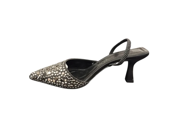 Ventes 878113Z Bilekten Lastikli 6 cm Kadeh Topuk Taş İşlemeli Kadın Şık Topuklu Abiye Terlik Ayakkabı - 6