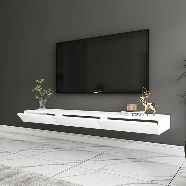 Avalon Duvara Monte TV Sehpası – 140 cm, Modern Minimal Tasarım,Beyaz TV Ünitesi - 3