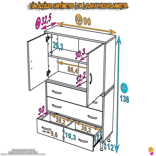 Modilayn İLKİM 90 x 138 x 32,5 cm' lik Kapak İçi Çift Raflı ve 3 Çekmeceli Düzen Harikası Dolap - 4