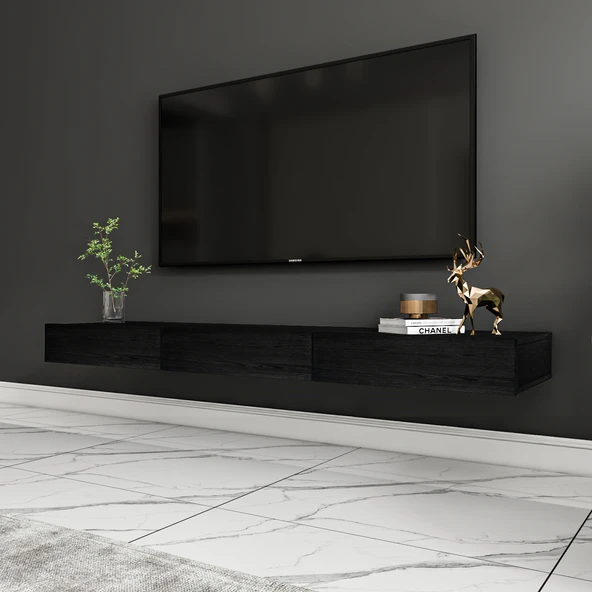 Avalon Duvara Monte TV Sehpası – 140 cm, Modern Minimal Tasarım, Ahşap Siyah TV Ünitesi - 4