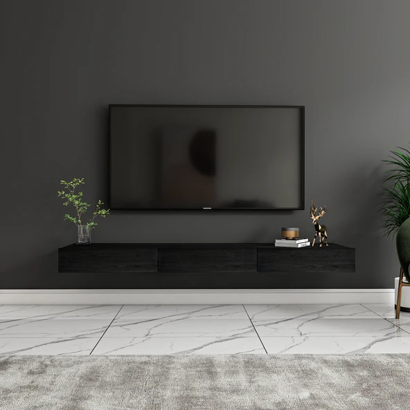 Avalon Duvara Monte TV Sehpası – 140 cm, Modern Minimal Tasarım, Ahşap Siyah TV Ünitesi - 2