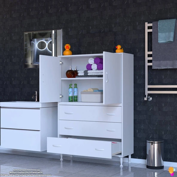 Modilayn İLKİM 90 x 138 x 32,5 cm' lik Kapak İçi Çift Raflı ve 3 Çekmeceli Düzen Harikası Dolap - 2