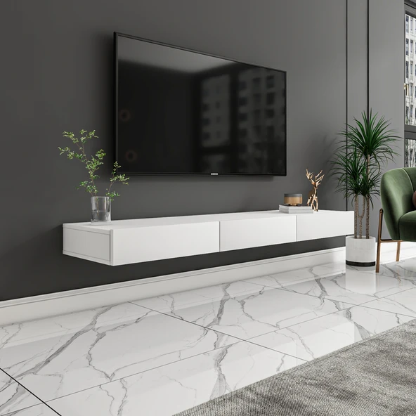 Avalon Duvara Monte TV Sehpası – 140 cm, Modern Minimal Tasarım,Beyaz TV Ünitesi