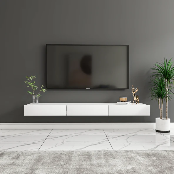 Avalon Duvara Monte TV Sehpası – 140 cm, Modern Minimal Tasarım,Beyaz TV Ünitesi - 2